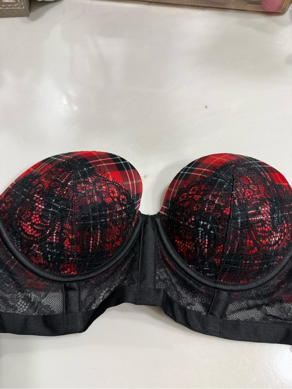 Victoria's Secret Red Plaid Strapless Lace Balconette Bra